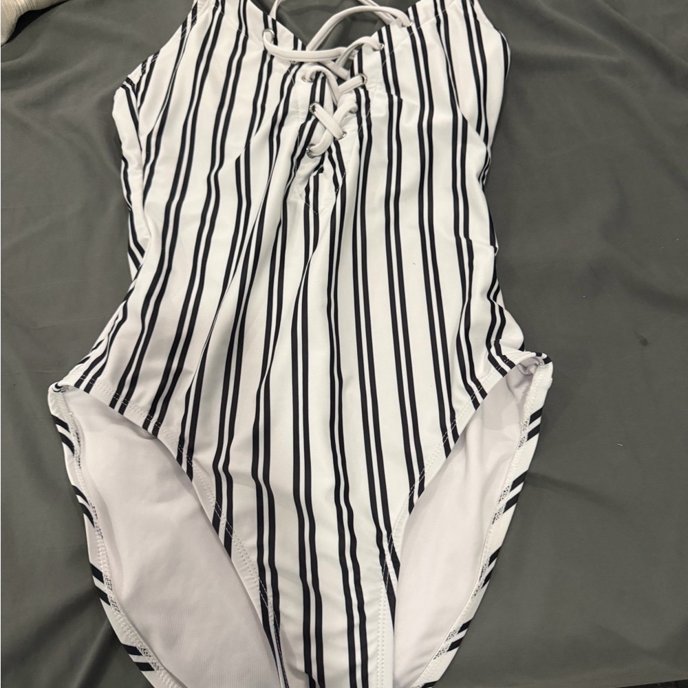 Nautica White One-Piece Swimsuit with Black Stripes